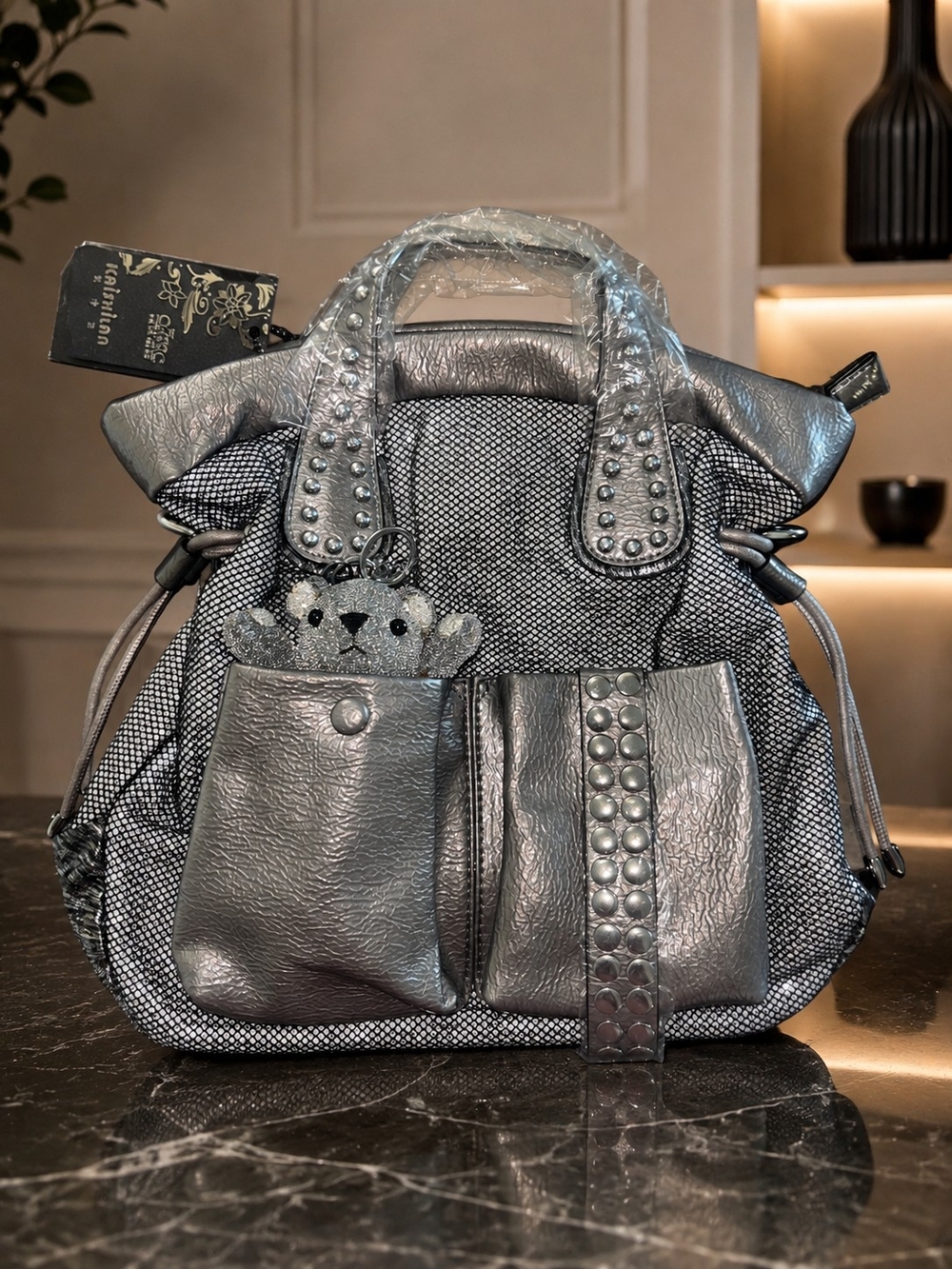 Brand New - Metallic Silver Studded Women’s Tote Bag with Bear Charm